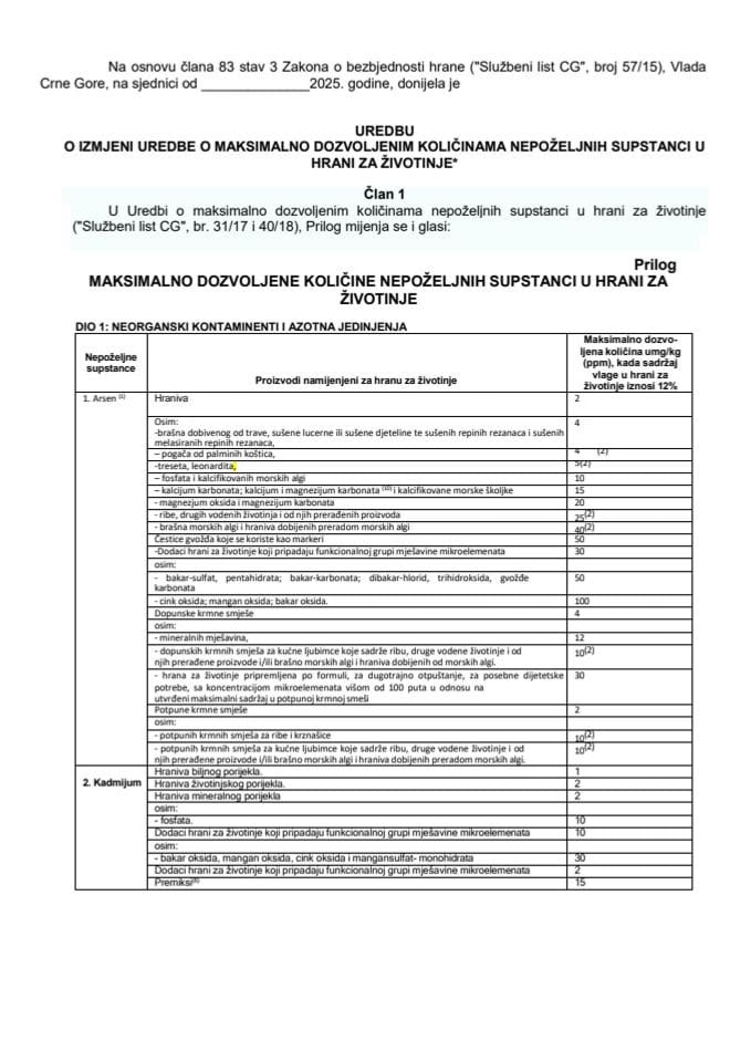 Предлог уредбе о измјени Уредбе о максимално дозвољеним количинама непожељних супстанци у храни за животиње