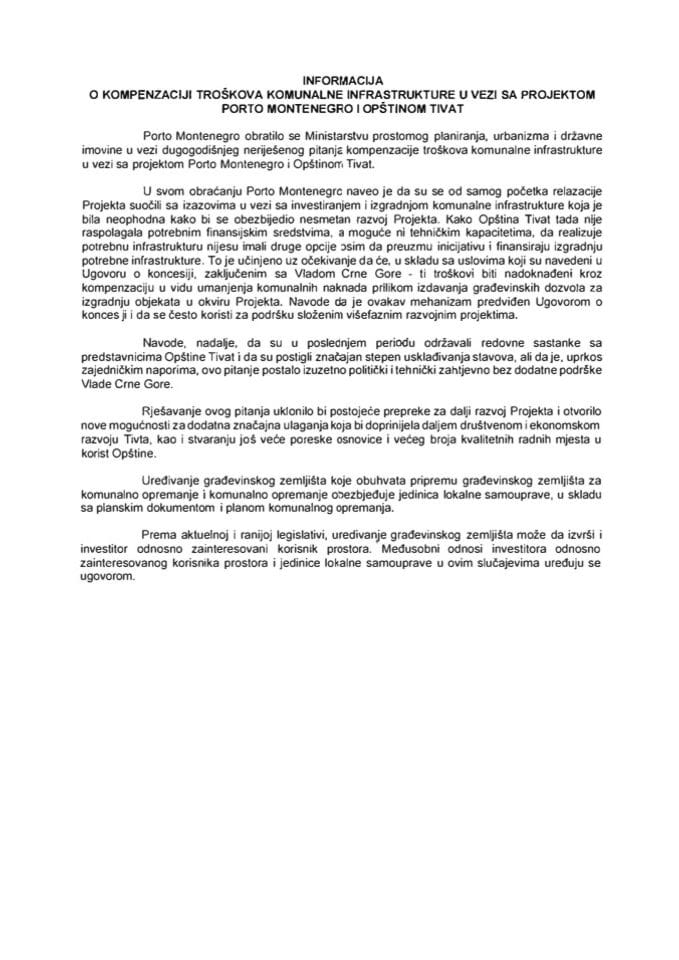 Информација о компензацији трошкова комуналне инфраструктуре у вези са Пројектом Porto Montenegro и Општином Тиват