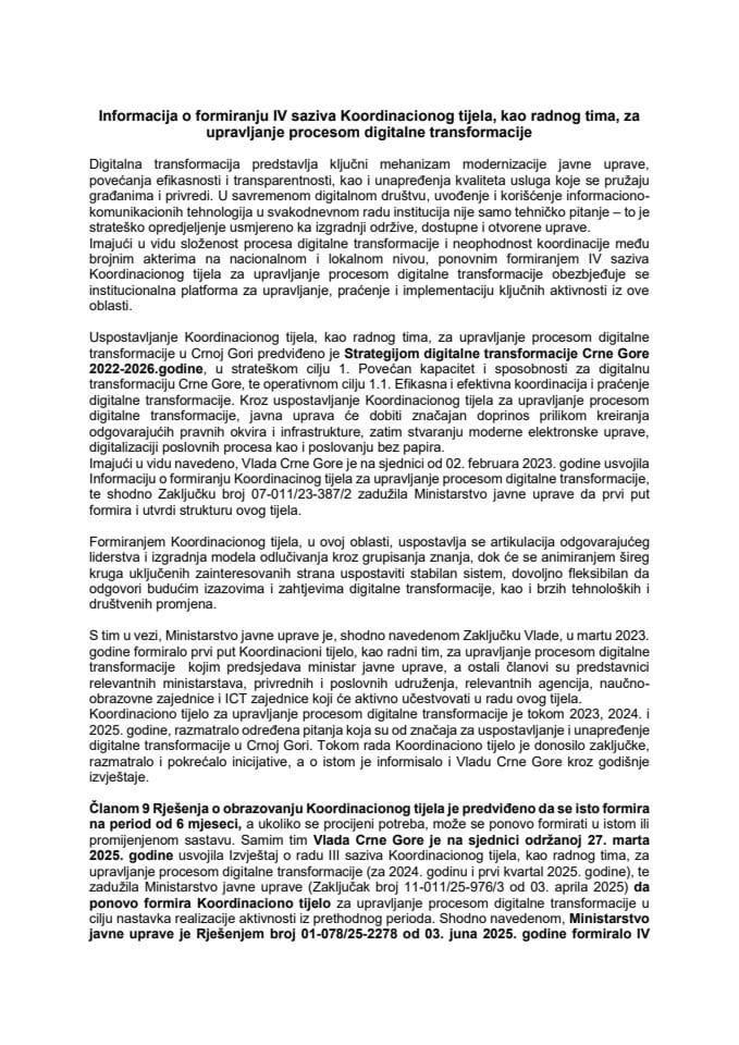 Информација о формирању IV сазива Координациног тијела, као радног тима, за управљање процесом дигиталне трансформације