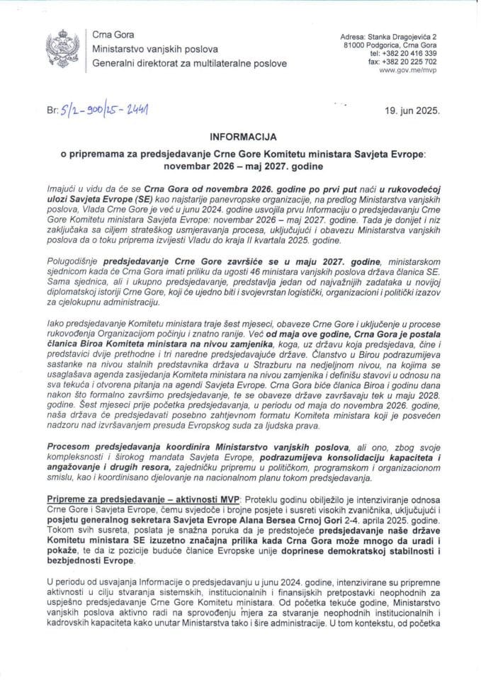 Информација о припремама за предсједавање Црне Горе Комитету министара Савјета Европе: новембар 2026 - мај 2027. године