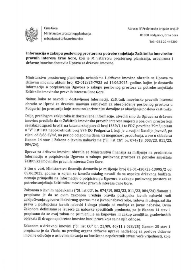 Информација о закупу пословног простора за потребе смјештаја Заштитника имовинско-правних интереса Црне Горе