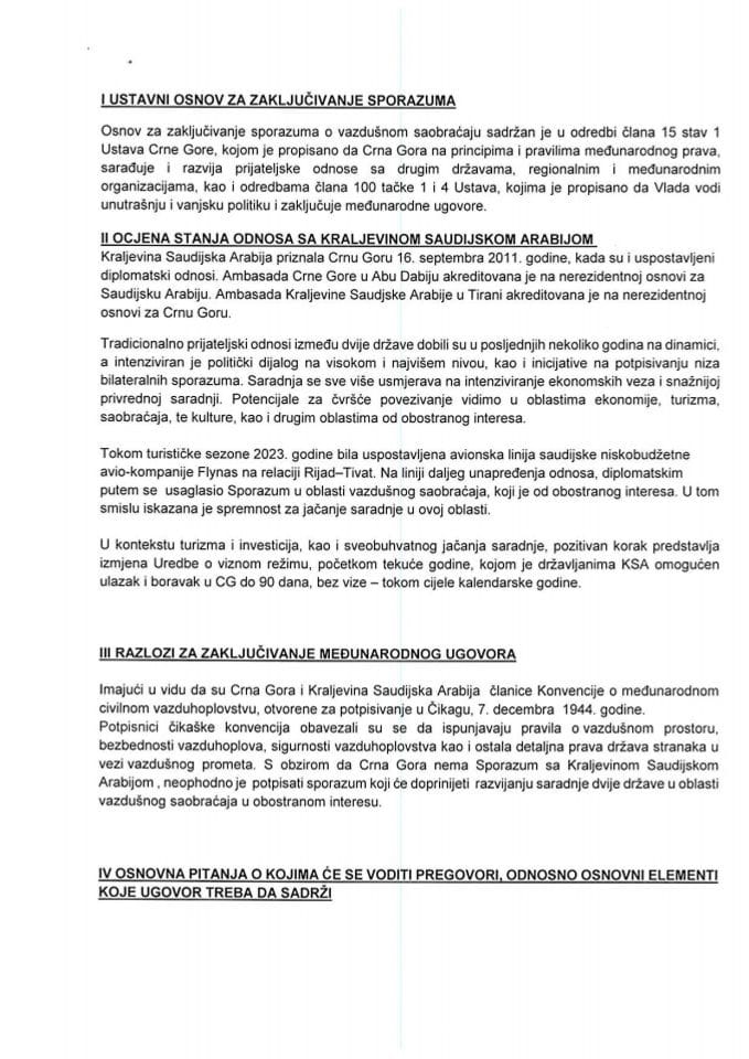 Приједлог основе за вођење преговора и закључење Споразума о ваздушном саобраћају између Владе Црне Горе и Владе Краљевине Саудијске Арабије с Приједлогом споразума