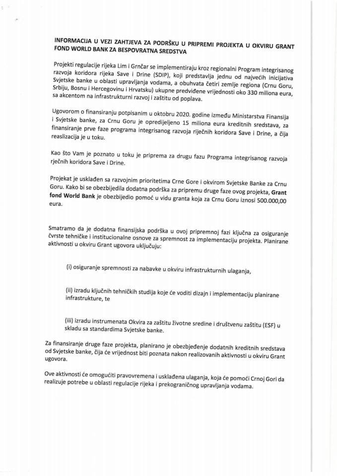 Информација у вези захтјева за подршку у припреми пројекта у оквиру Grant FOND WORLD Bank за бесповратна средства
