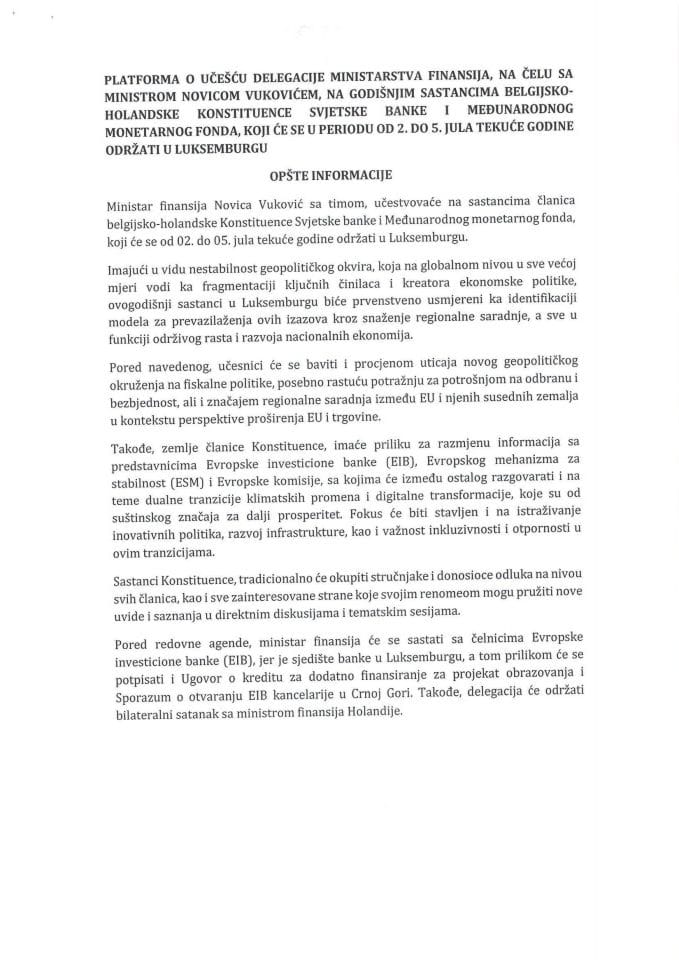 Predlog platforme o učešću delegacije Ministarstva finansija na godišnjim sastancima belgijsko - holandske Konstituence