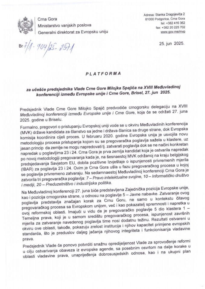 Prijedlog platforma za učešće predsjednika Vlade Crne Gore Milojka Spajića na XVIII Međuvladinoj konferenciji između Evropske unije i Crne Gore, Brisel, 27. jun 2025. godine