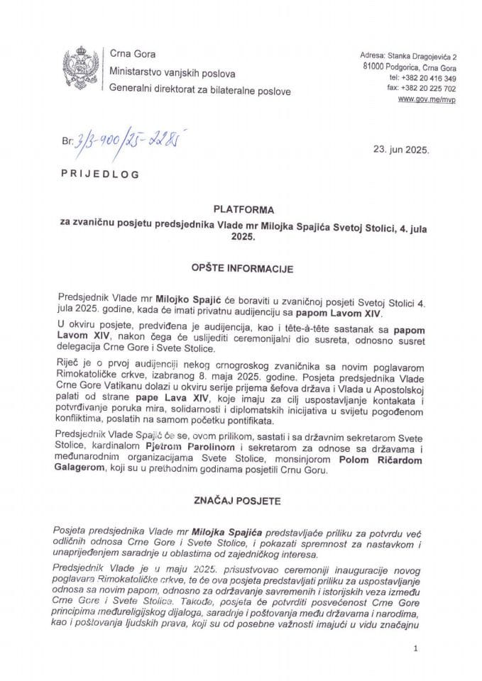 Приједлог платформе за званичну посјету предсједника Владе мр Милојка Спајића Светој Столици, 4. јула 2025.г.