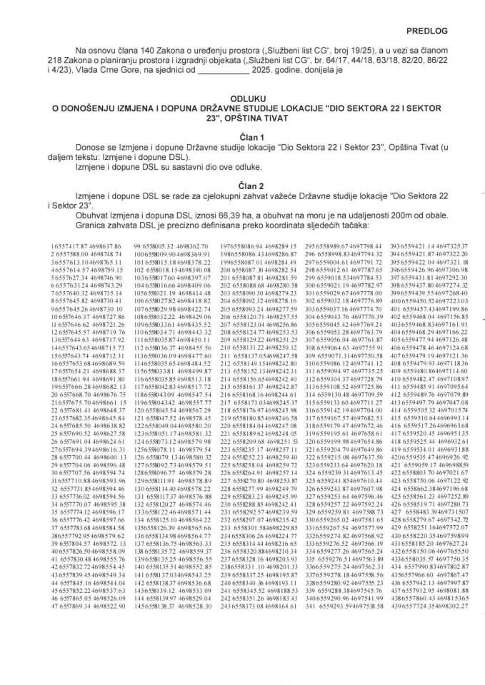 Предлог одлуке о доношењу Измјена и допуна Државне студије локације "Дио Сектора 22 и Сектор 23", општина Тиват