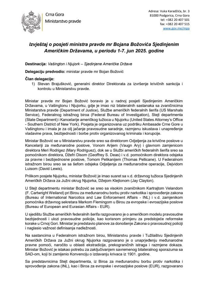 Извјештај о посјети министра правде мр Бојана Божовића Сједињеним Америчким Државама, у периоду 1-7. јун 2025. године