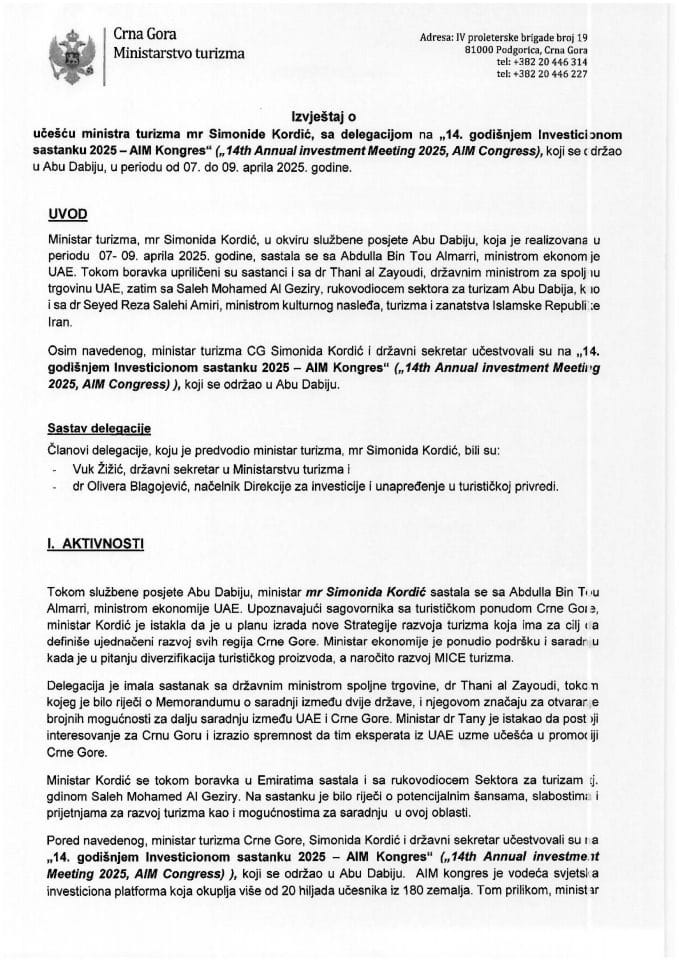 Извјештај о учешћу министра туризма мр Симониде Кордић, са делегацијом на „14. годишњем Инвестиционом састанку 2025 - AIM Конгрес“ (14th Annual investment Meeting 2025, AIM Congress)