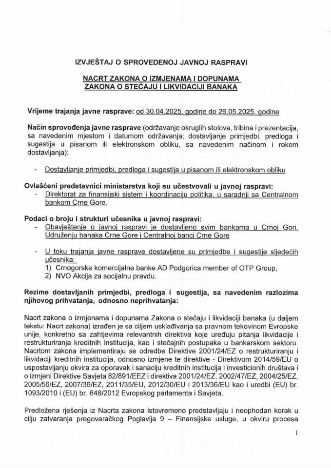 Izvještaj sa javne rasprave - Nacrt zakona o stečaju i likvidaciji banaka