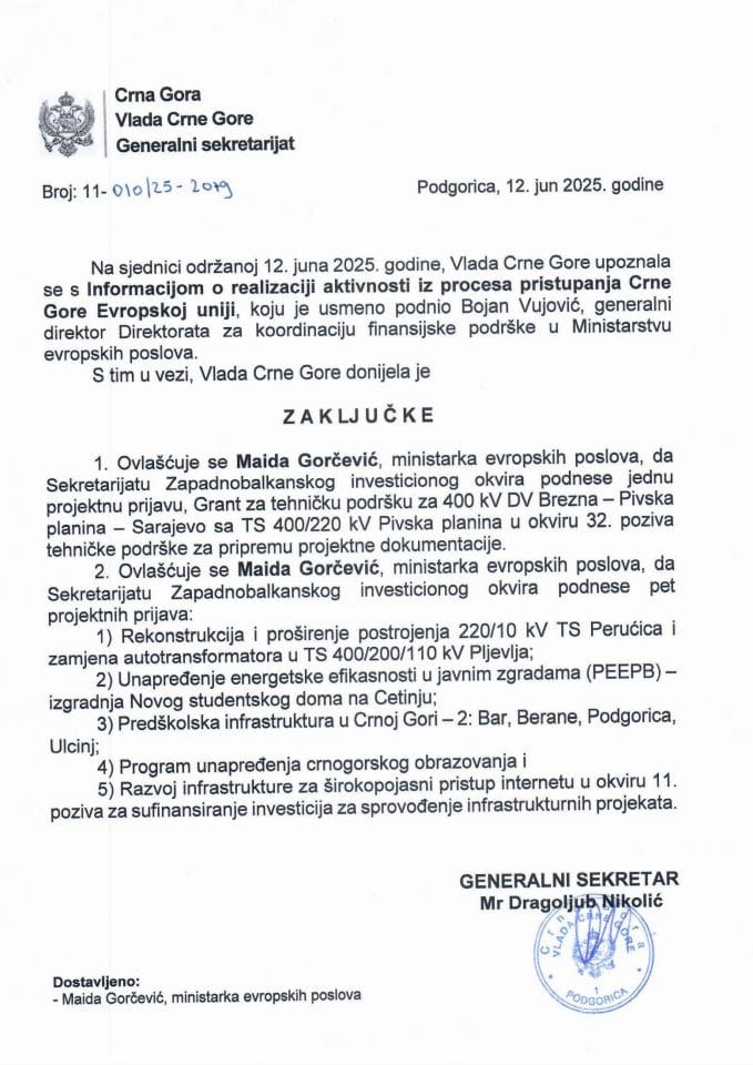 Усмена информација о реализацији активности из процеса приступања Црне Горе Европској унији - Закључци