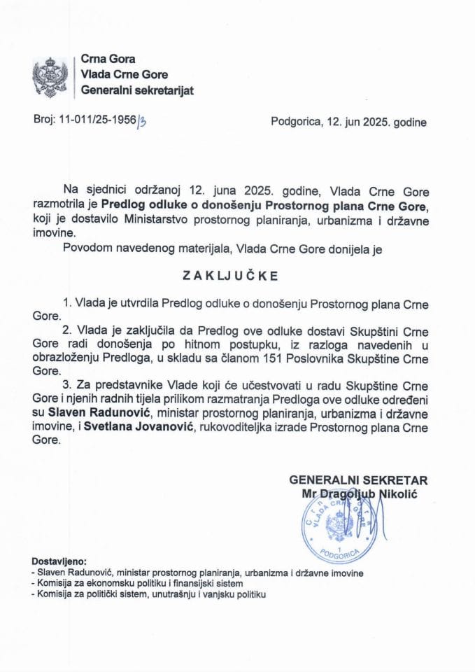 Предлог одлуке о доношењу Просторног плана Црне Горе - Закључци