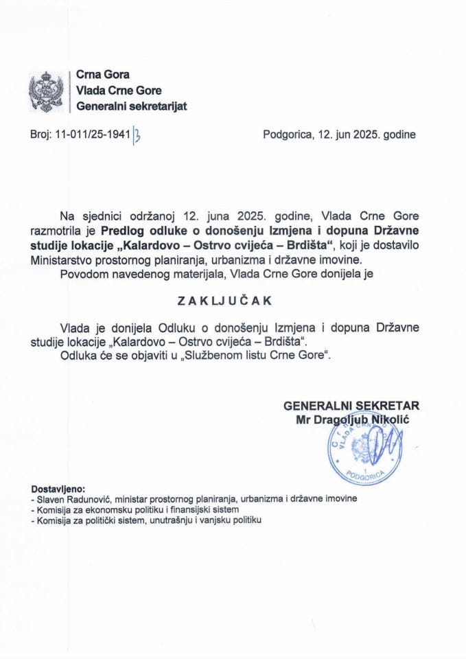 Предлог одлуке о доношењу Измјена и допуна Државне студије локације „Калардово-Острво цвијећа-Брдишта“ - Закључци