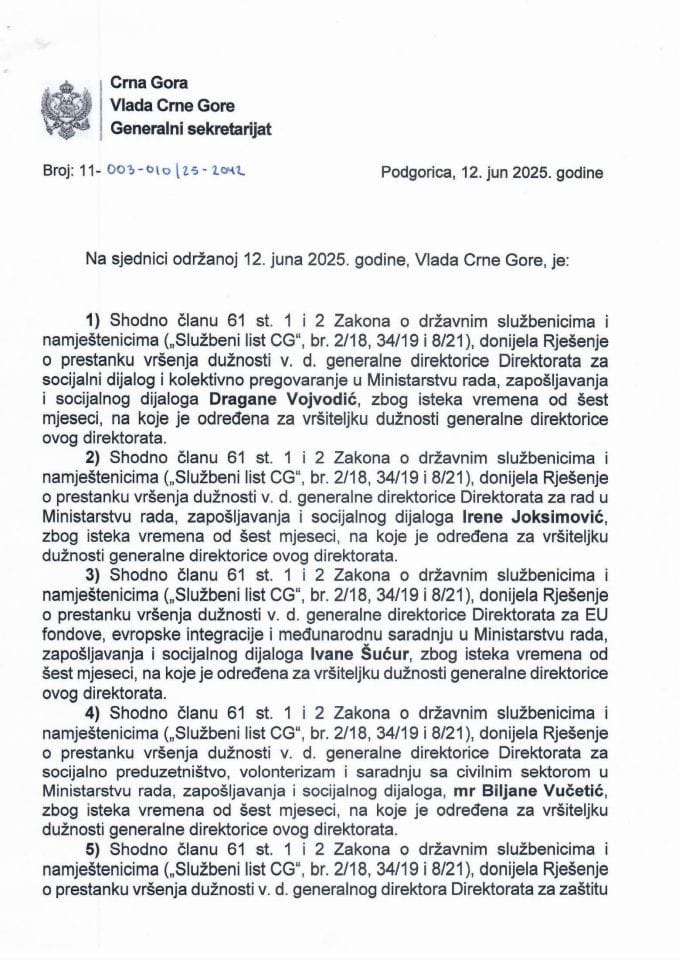 Кадровска питања - 84. сједница Владе Црне Горе - Закључци