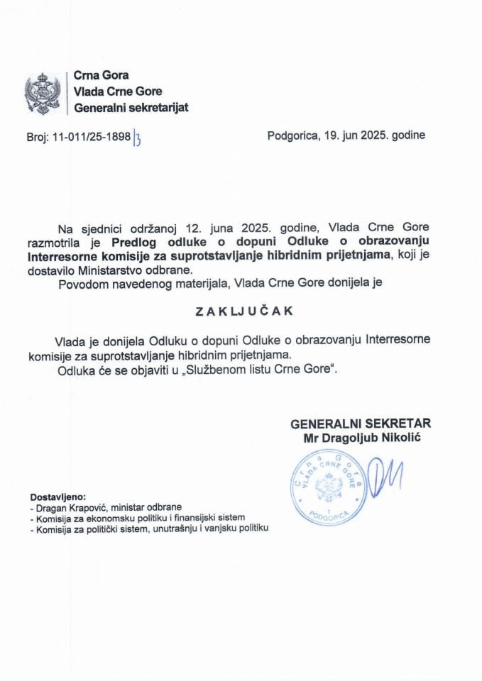 Предлог одлуке о допуни Одлуке о образовању Интерресорне комисије за супротстављање хибридним пријетњама - Закључци