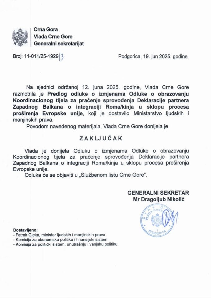 Предлог одлуке о измјенама Одлуке о образовању Координационог тијела за праћење спровођења Декларације партнера Западног Балкана о интеграцији Рома/киња у склопу процеса проширења Европске уније - Закључци