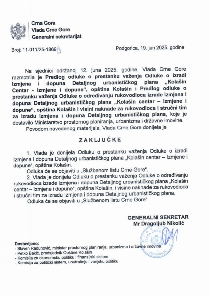 Предлог одлуке о престанку важења Одлуке о изради Измјена и допуна Детаљног урбанистичког плана „Колашин Центар - Измјене и допуне“, општина Колашин - Закључци