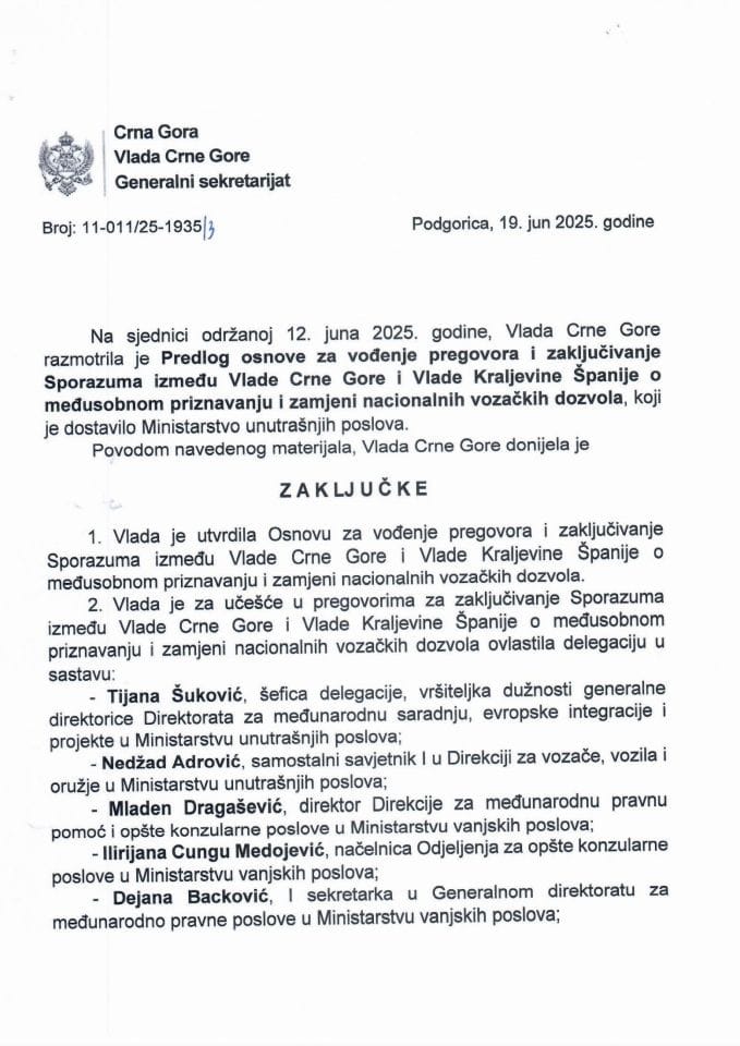 Предлог основе за вођење преговора и закључивање Споразума између Владе Црне Горе и Владе Краљевине Шпаније о међусобном признавању и замјени националних возачких дозвола - Закључци