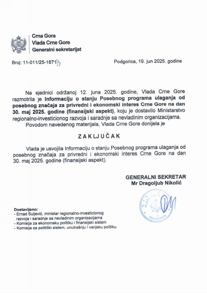 Информација о стању Посебног програма улагања од посебног значаја за привредни и економски интерес Црне Горе на дан 30. мај 2025. године (финансијски аспект) - Закључци