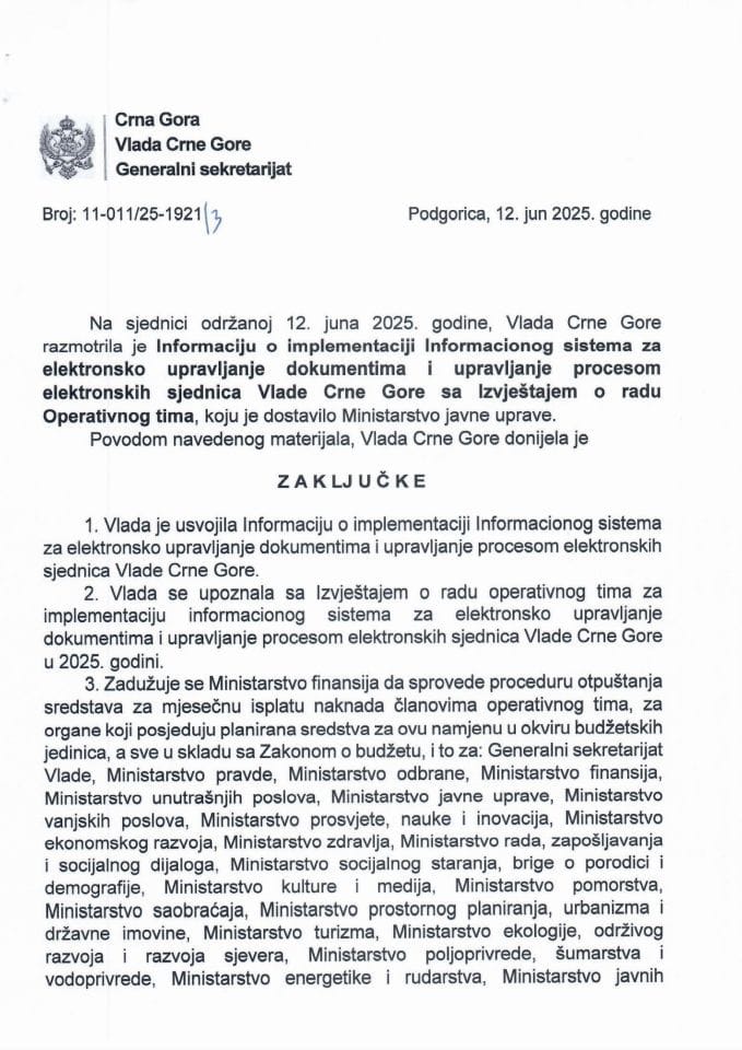 Информација о имплементацији Информационог система за електронско управљање документима и управљање процесом електронских сједница Владе Црне Горе са Извјештајем о раду Оперативног тима - Закључци