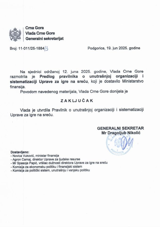 Предлог правилника о унутрашњој организацији и систематизацији Управе за игре на срећу - Закључци