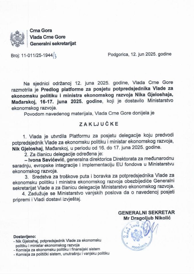 Предлог платформе за посјету потпредсједника Владе за економску политику и министра економског развоја Nika Gjeloshaja Мађарској, 16-17. јуна 2025. године - Закључци