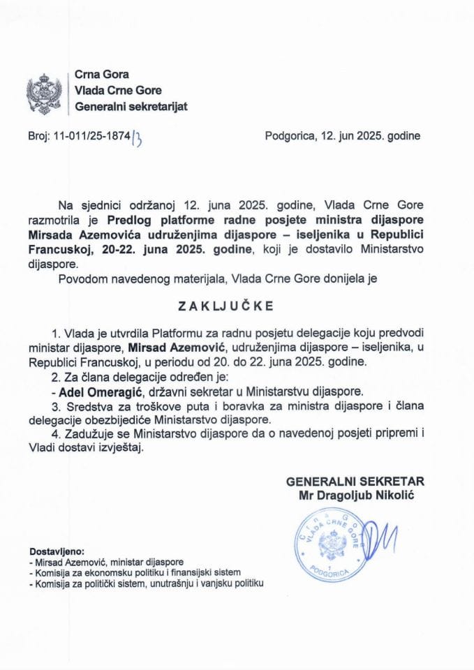 Предлог платформе радне посјете министра дијаспоре Мирсада Аземовића удружењима дијаспоре-исељеника у Републици Француској, 20-22. јуна 2025. године - Закључци