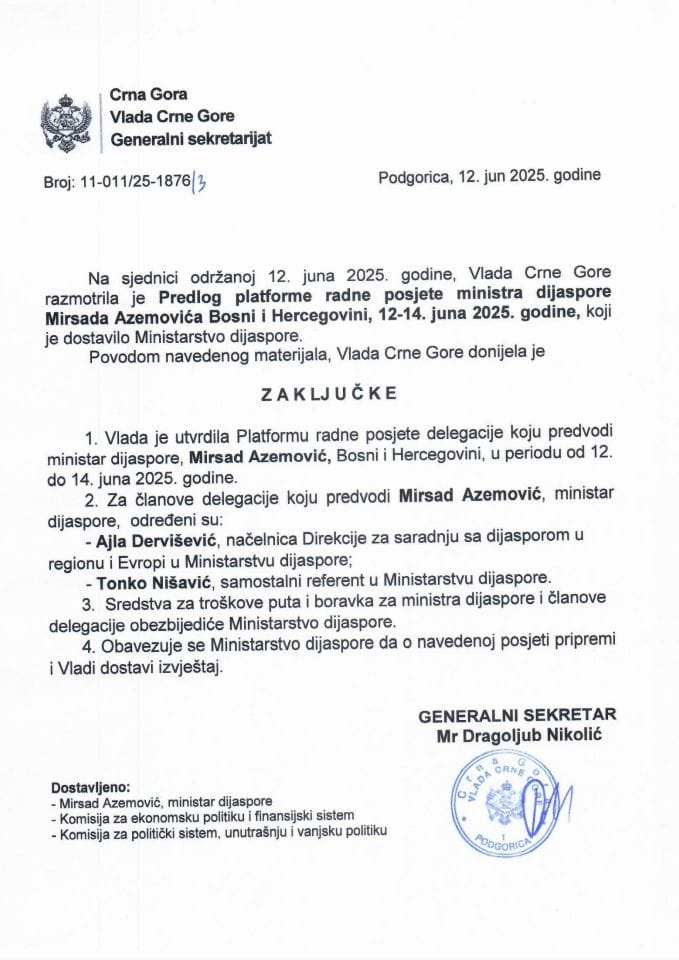 Предлог платформе радне посјете министра дијаспоре Мирсада Аземовића Босни и Херцеговини, 12-14. јуна 2025. године - Закључци