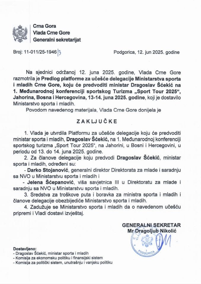 Предлог платформе за учешће делегације Министарства спорта и младих Црне Горе, коју ће предводити министар Драгослав Шћекић на 1. Међународној конференцији спортског Туризма „Sport Tour 2025“, Јахорина, 13-14. јуна 2025. године - Закључци