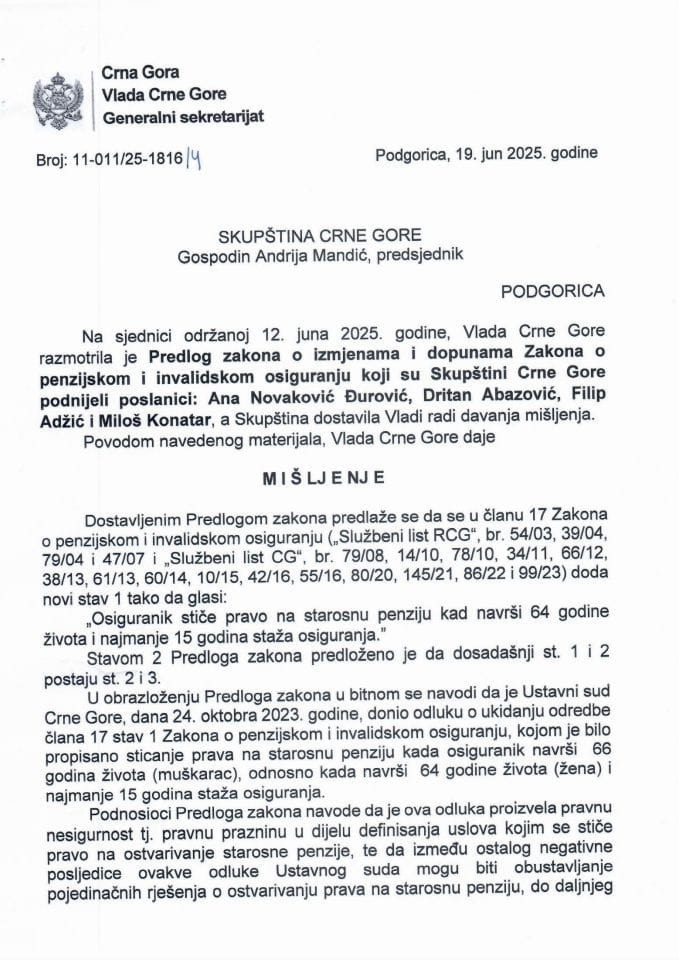 Предлог мишљења на Предлог закона о измјенама и допунама Закона о пензијском и инвалидском осигурању (предлагачи посланици Ана Новаковић-Ђуровић, Дритан Абазовић, Филип Аџић и Милош Конатар) - Закључци