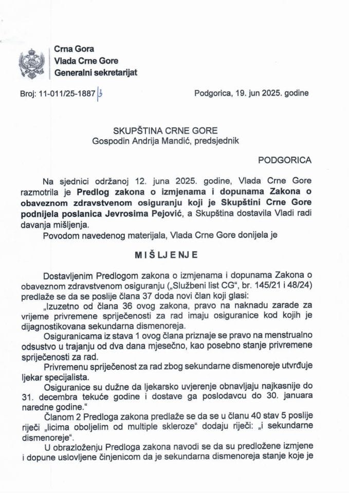 Предлог мишљења на Предлог закона о измјенама и допунама Закона о обавезном здравственом осигурању (предлагач посланица Јевросима Пејовић) - Закључци