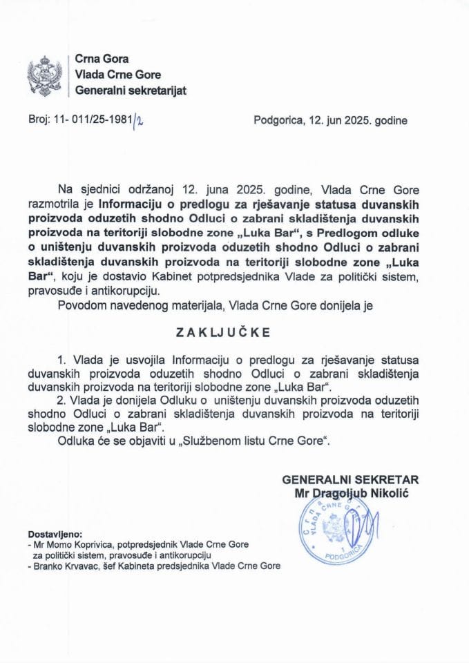 Информација о предлогу за рјешавање статуса дуванских производа одузетих сходно Одлуци о забрани складиштења дуванских производа на територији слободне зоне "Лука Бар" - Закључци