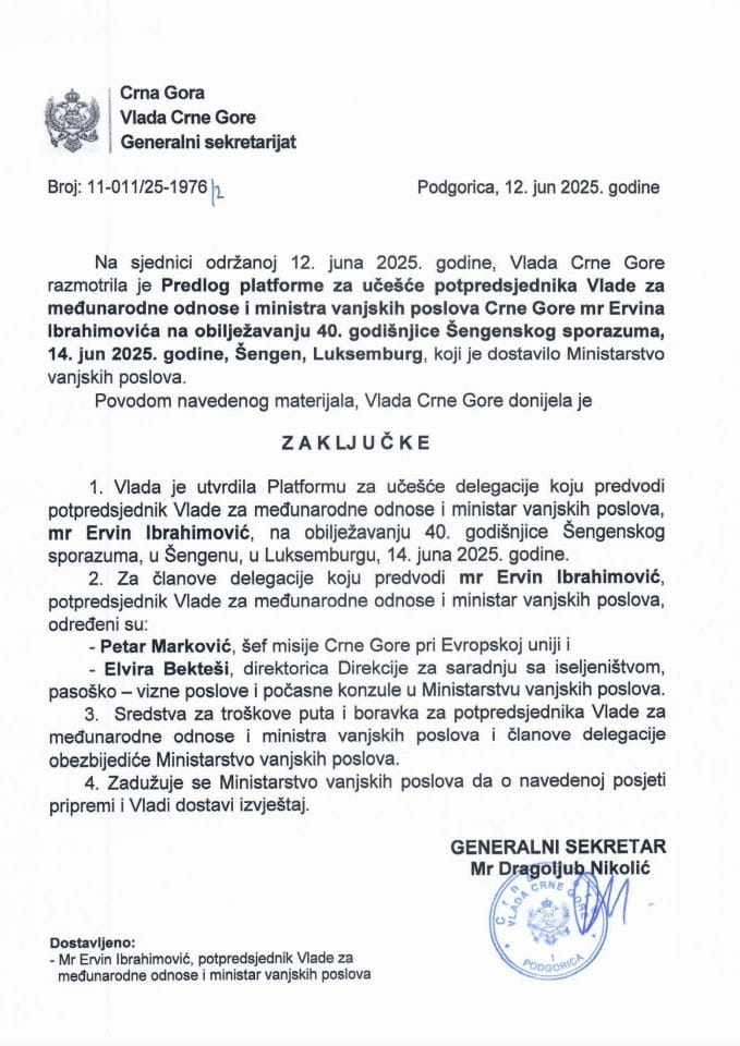 Предлог платформе за учешће потпредсједника Владе за међународне односе и министра вањских послова Црне Горе мр Ервина Ибрахимовића на обиљежавању 40. годишњице Шенгенског споразума, 14. јун 2025. године, Шенген, Луксембург - Закључци