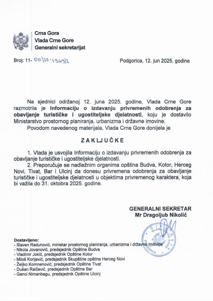 Информација о издавању привремених одобрења за обављање туристичке и угоститељске дјелатности - Закључци