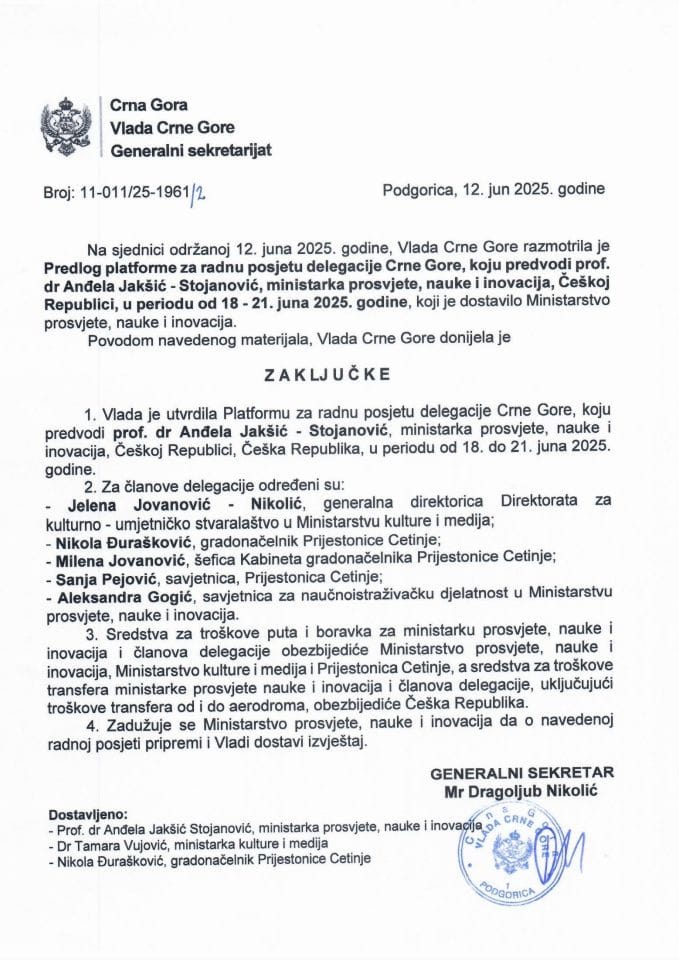 Предлог платформе за радну посјету делегације Црне Горе, коју предводи проф. др Анђела Јакшић - Стојановић, министарка просвјете, науке и иновација, Чешкој Републици, у периоду од 18 - 21. јуна 2025. године - Закључци