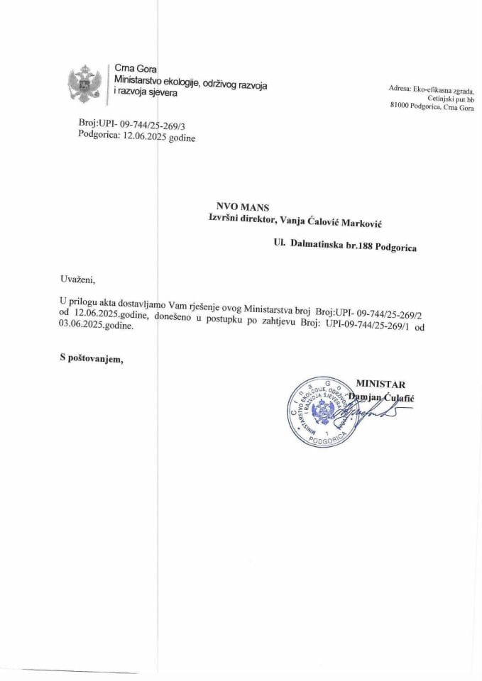 Рјешења - Слободан приступ информацијама - Рјешење НВО МАНС БР. УПИ-09-744-25-269-2 од 12.06.2025