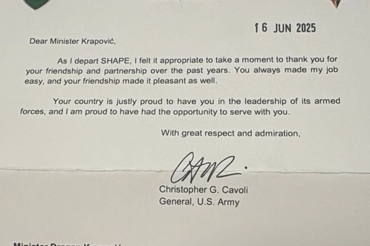 Vrhovni komadant savezničkih snaga za Evropu, Kristofer Kavoli, uputio pismo zahvalnosti ministru odbrane Draganu Krapoviću.
