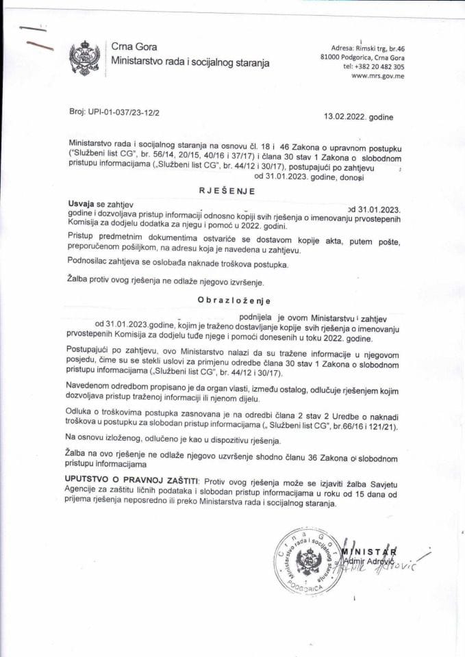 Rješenje br. UPI-01-037-23-12-2