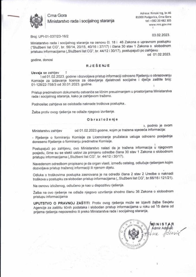 Rješenje br. UPI-01-037-23-16-2