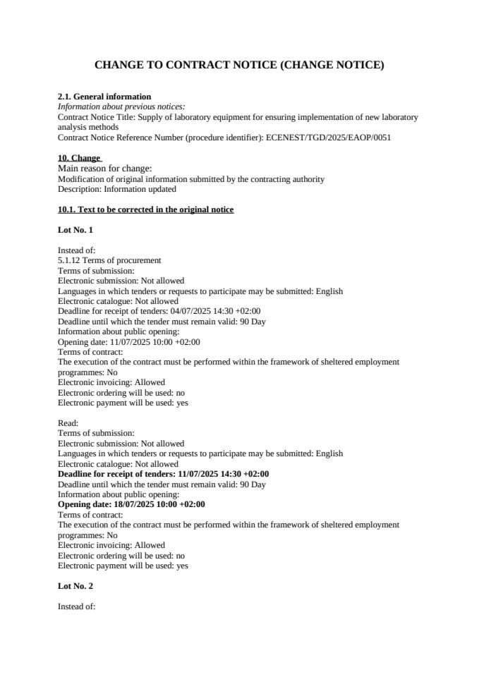 CHANGE TO CONTRACT NOTICE (CHANGE NOTICE)