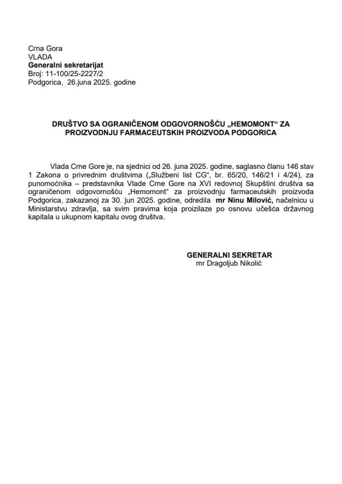 Предлог за одређивање пуномоћника на 16. редовној сједници Скупштине "Хемомонт" ДОО