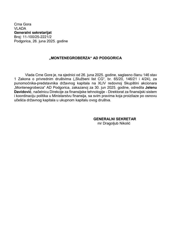 Предлог за одређивање пуномоћника на XLIV редовној скупштини акционара "Монтенегроберза" АД Подгорица