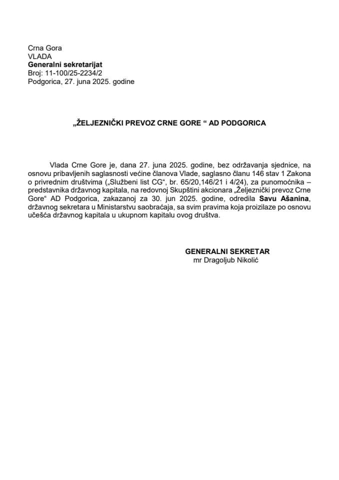 Predlog za određivanje punomoćnika – predstavnika državnog kapitala, na redovnoj Skupštini akcionara „Željeznički prevoz Crne Gore“ AD Podgorica