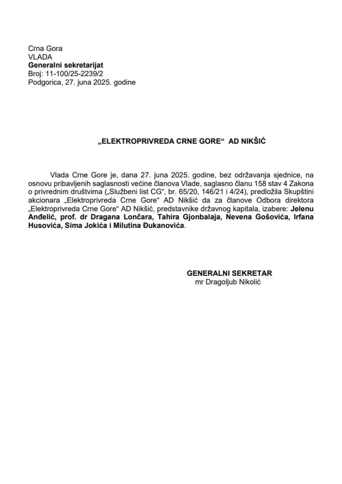 Predlog za izbor članova Odbora direktora „Elektroprivreda Crne Gore“ AD Nikšić