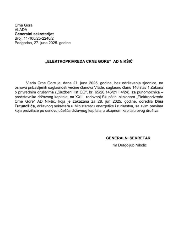 Predlog za određivanje punomoćnika - predstavnika državnog kapitala, na XXIII redovnoj Skupštini akcionara „Elektroprivreda Crne Gore“ AD Nikšić