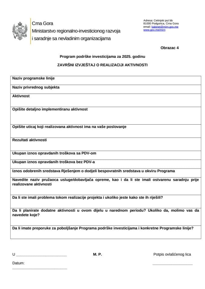 ОБРАЗАЦ 4 - извјестај