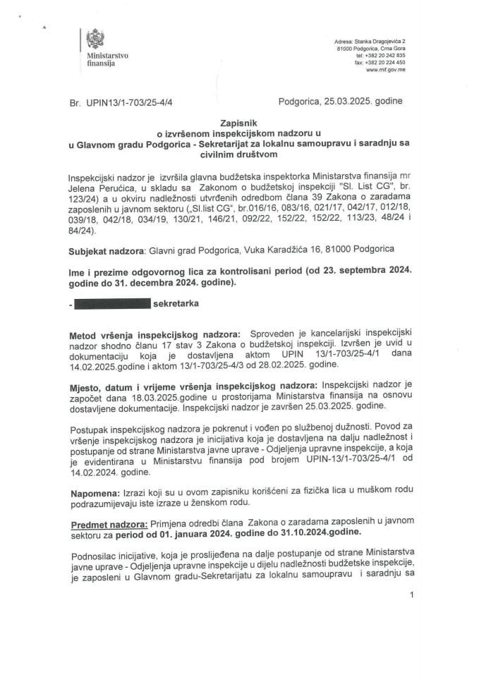 Записник о извршеном инспекцијском надзору у Главном граду Подгорица- Секретаријат  за локалну самоуправу и сарадњу са цивилним друштвом