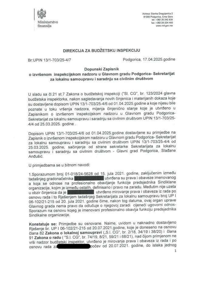 Допунски записник о извршеном инспекцијском надзору у Главном граду Подгорица- Секретаријат за локалну самоуправу и сарадњу са цивилним друштвом