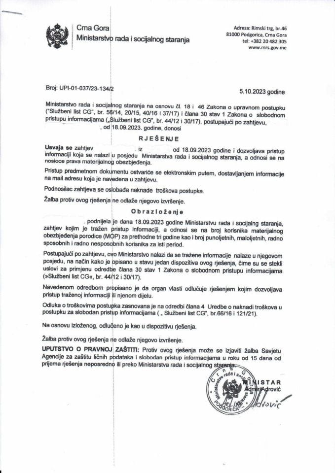 Rješenje br. UPI-01-037-23-134-2