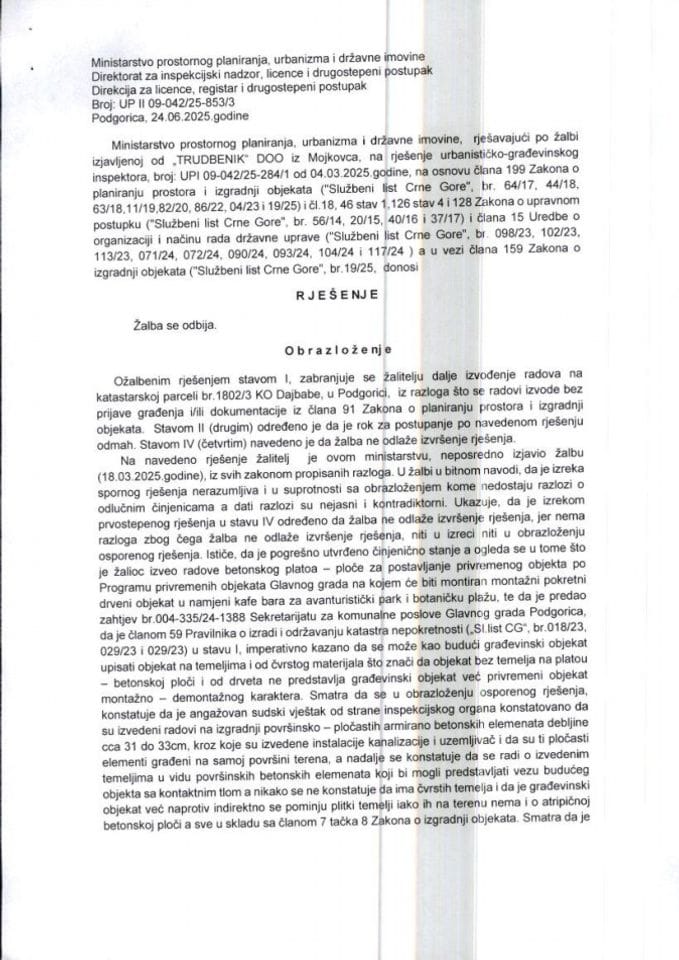 Drugostepena rješenja - UPII 09-042-25-853-3 TRUDBENIK DOO